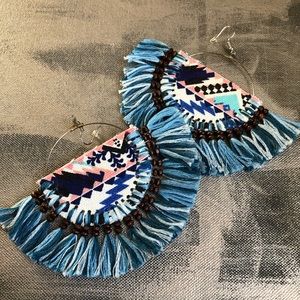 Blue tribal fringed handmade statement earrings